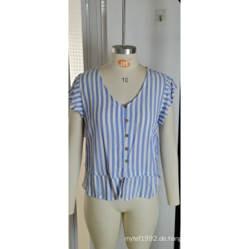 Blue Stripe V Shirt Kurzarm Taille Show Thin Women&#39;s Summer Top